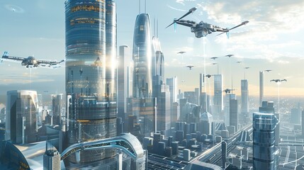 A futuristic cityscape with flying cars zooming past sleek, glass-clad towers under construction.