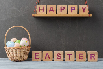 Happy Easter Celebration with Decorative Eggs and Basket - 762054559
