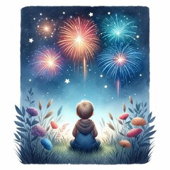 Obraz na płótnie Canvas Watching fireworks on a summer night. watercolor illustration, Perfect for nursery art, celebration fireworks scene illustration. 