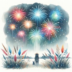 Fototapeta na wymiar Watching fireworks on a summer night. watercolor illustration, Perfect for nursery art, celebration fireworks scene illustration. 