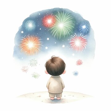 child watching colorful fireworks watercolor clip art preview
