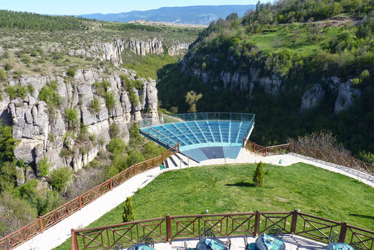 Safranbolu, Karabuk, Turkey, April 24, 2017, Tokatli Canyon, Crystal Terrace on incekaya of Safranbolu, The height of the glass terrace built over the canyon is 80 m and its width is 11 m