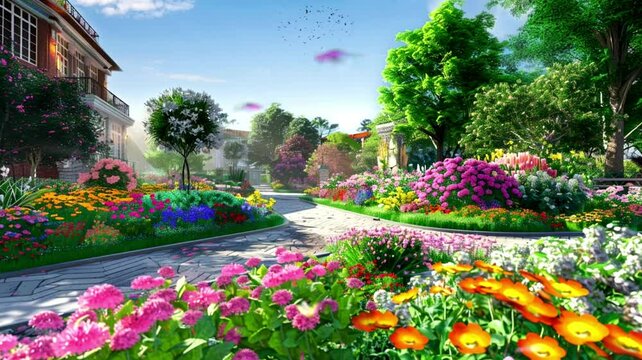 The garden in front of the school is alive with a riot of colorful flowers and lush green plants, seamless looping background animation, anime style, for vtuber / streamer backdrop