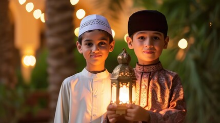 Two young boys in white traditional clothing holding lanterns. Fictional character created by Generated AI. 