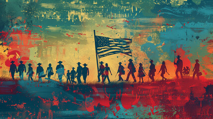 A multicultural group of people joyfully waving a Juneteenth flag, symbolizing unity and freedom in their painting