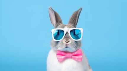 portrait of Rabbit wearing glasses and pink ribbon isolated blue background