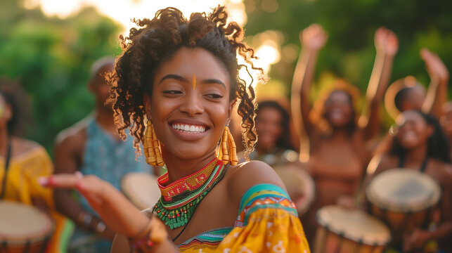 A vibrant woman with flowing dreadlocks beams with joy as she dances exuberantly in celebration, Juneteenth Freedom Day