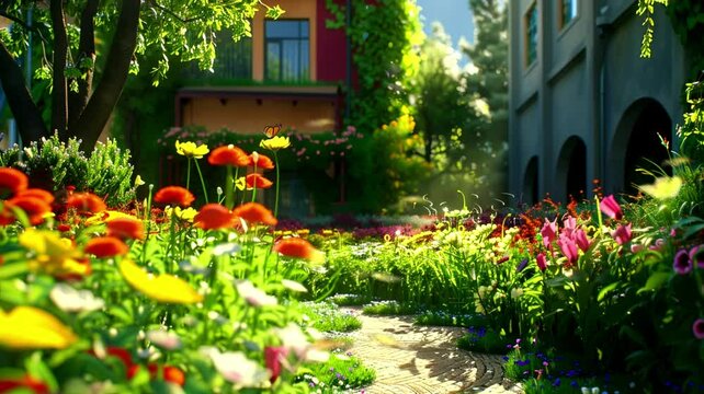 Colorful flowers and vibrant greenery fill the garden in front of the school, seamless looping background animation, anime style, for vtuber / streamer backdrop