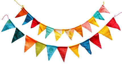 Obraz premium colorful, party garland with decorative festive flags. bright red green yellow blue colors; triangular shape, isolated on white, for party event wall decoration PNG