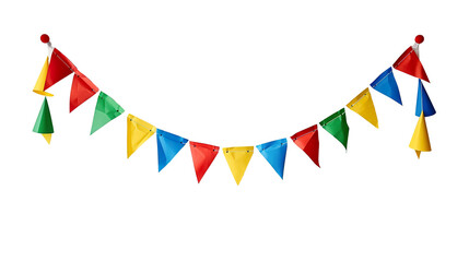 Obraz premium colorful, party garland with decorative festive flags. bright red green yellow blue colors; triangular shape, isolated on white, for party event wall decoration PNG