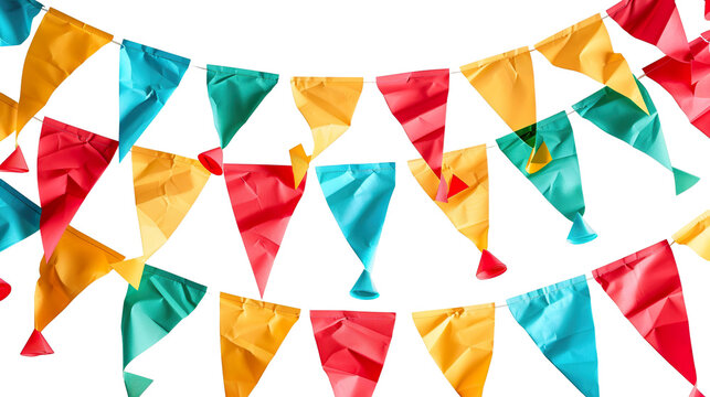 colorful, party garland with decorative festive flags. bright red green yellow blue colors; triangular shape, isolated on white, for party event wall decoration PNG