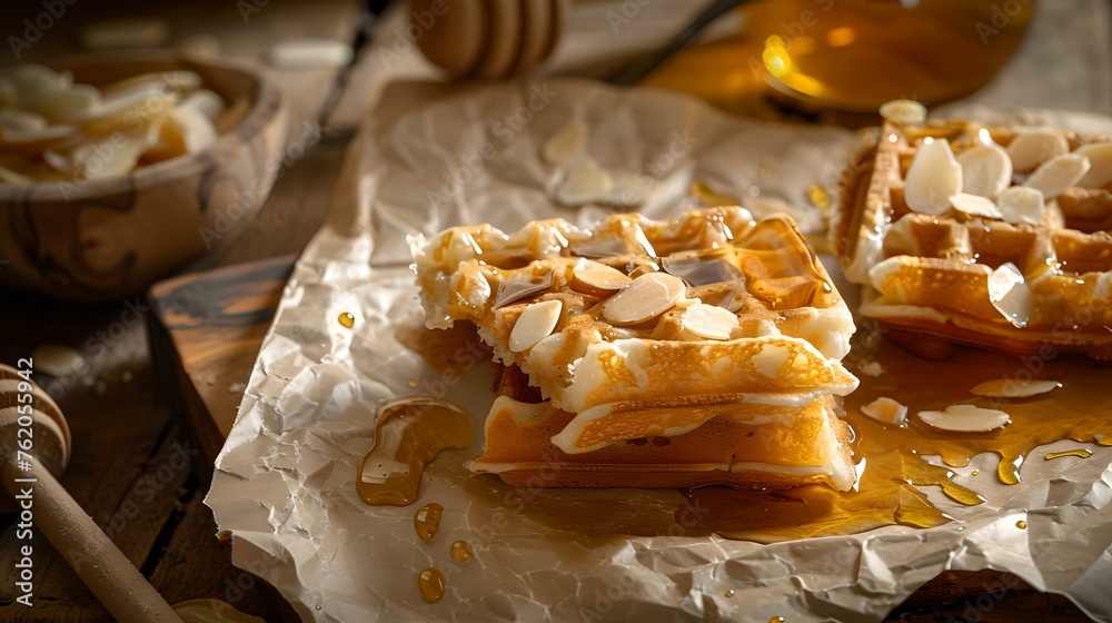 Wall mural Delicious breakfast waffles with honey and almonds on a rustic table. golden, sweet, and homemade. perfect for food blogs and menus. AI