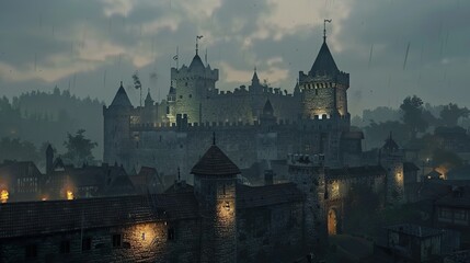 A medieval castle illuminated by torchlight, its battlements manned by guards keeping watch over the kingdom.