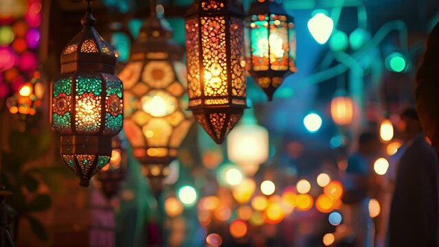 A colorful array of lanterns and lights illuminating the streets and homes during the holy month of Ramadan.