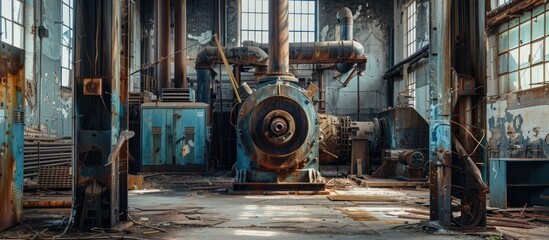 Abandoned mechanical factory with vintage equipment and tools in rustic style