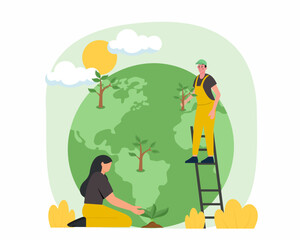 volunteers planting a tree to giving life to trees protecting nature from polluted air  gardening vector illustration