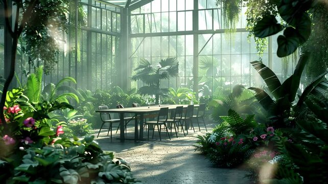 conference room set within a conservatory or greenhouse, offering a unique blend of nature and functionality, seamless looping background animation, anime style, for vtuber / streamer backdrop