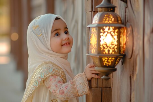 Little Muslim girl wearing a headscarf, standing in front of a wooden door and looking back. Fictional character created by Generated AI. 