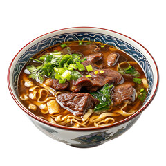  front view of mouth-watering Taiwanese Beef Noodle Soup in an elegant porcelain bowl, food photography style isolated on a white transparent background..