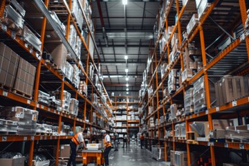 Bustling warehouse with workers sorting and packing orders, surrounded by shelves stocked with inventory, Generative AI