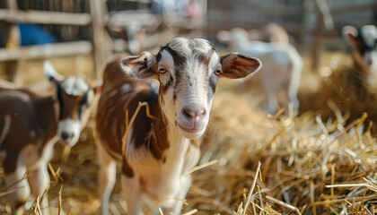 A baby goat is standing in a field of hay