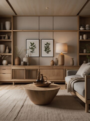 Japandi-Stilvolles Wohnzimmer mit Holzdesign und sanfter Beleuchtung für eine natürliche Atmosphäre - obrazy, fototapety, plakaty