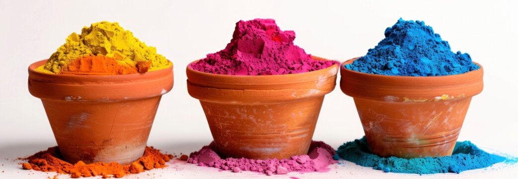 3 small terracotta pots with different colors of holi powder on a white background