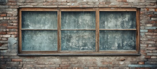 Old vintage wooden window against a weathered brick wall.