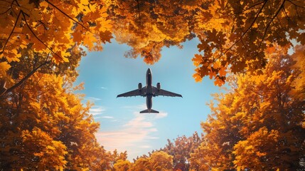 In the heart of autumn, golden leaves frame an airplane in flight against a blue sky.