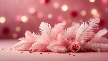 Delicate pink feathers and heart-shaped confetti against a romantic backdrop