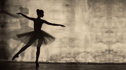 Graceful black silhouette of a ballerina in front of a wall - obrazy, fototapety, plakaty