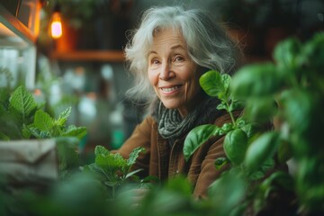 middle-aged women with plant. gardening , seasonal, hobby style.  eco friendly, summer activities, environmental style - obrazy, fototapety, plakaty