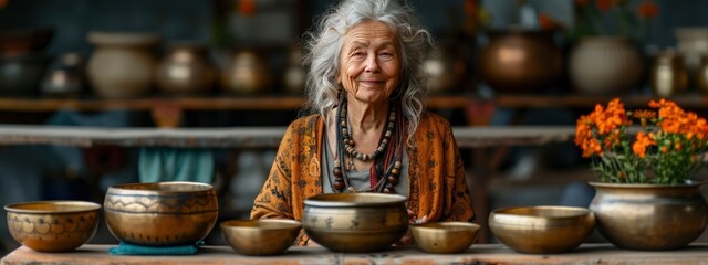 middle-aged women with singing bowls.  sound healing, mental health, sound therapy,  wellness, meditation concept. banner - obrazy, fototapety, plakaty