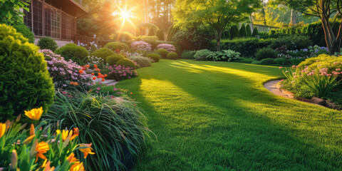 Beautiful home garden with a green lawn and colorful flowers,landscape design ideas for green garden a sunset or sunrise, residential house backyard background. medern house eksterior	
 - obrazy, fototapety, plakaty