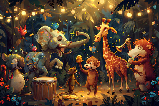 Playful Jungle Jam: A Vibrant Assembly of Happy Animals in The Forest
