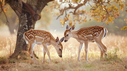 The beautiful scenery of the two baby deer playing under an oak tree is a romantic scene.