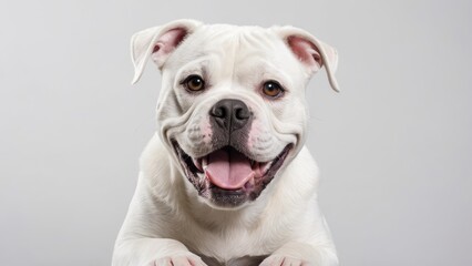 Fototapeta premium Portrait of White american bulldog on grey background