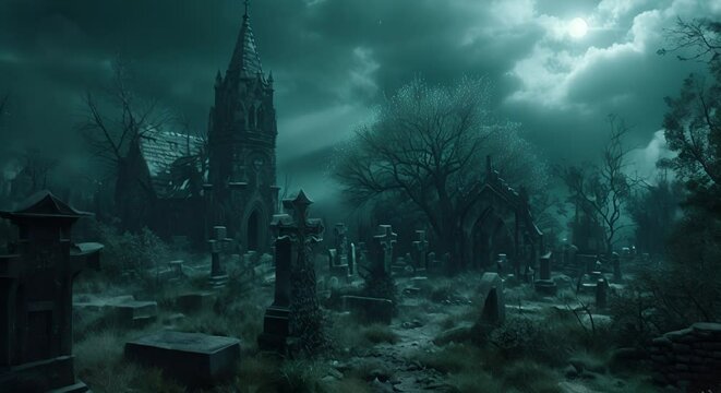 A haunted graveyard with ghostly apparitions and crypts,