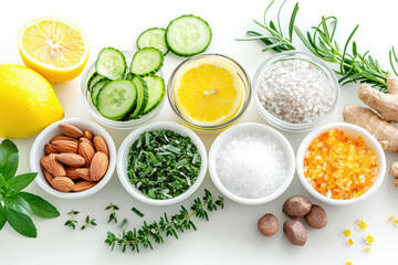 Homemade skin care with natural ingredients aloe vera, lemon, cucumber, himalayan salt, peppermint, rosemary, almonds, cucumber, ginger and honey pollen isolated on white background