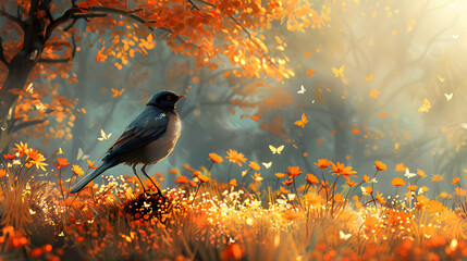 A serene bird in an autumn flower meadow, depicting the peaceful beauty of nature in the seasonal colors. - obrazy, fototapety, plakaty