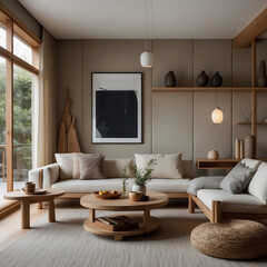 Harmonisches Japandi-Wohnzimmer mit sanften Erdtönen und minimalistischer Einrichtung - obrazy, fototapety, plakaty