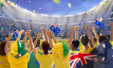 Fototapeta na wymiar Australia fans on stadium. Australian supporters.
