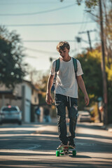 Obraz premium Teen on skateboard to school urban street