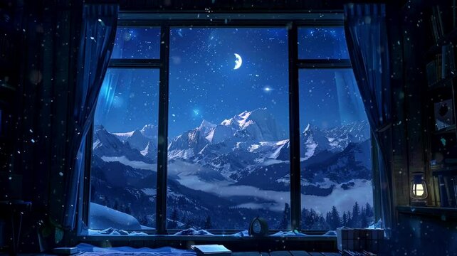 A study room with a panoramic window framing starlit mountains, seamless looping background animation, anime style, for vtuber / streamer backdrop