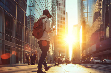 Person with backpack walking on city sidewalk during a sunny morning rush hour, surrounded by skyscrapers.