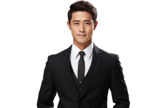 Man in Suit and Tie Posing for Picture. On a White or Clear Surface PNG Transparent Background.