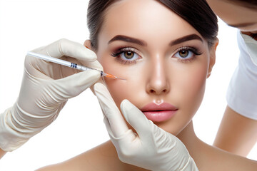 Plastic surgeon doctor giving botox injections to the woman treatments for her facial skin to reduce wrinkles, lines and rejuvenate her appearance to look younger 