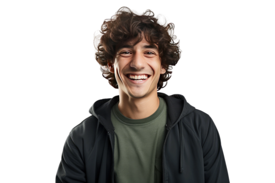Smiling Man With Curly Hair and Hoodie. On a White or Clear Surface PNG Transparent Background.