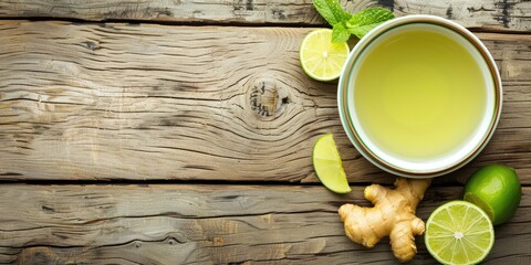ginger tea with lemon on wooden copy space background