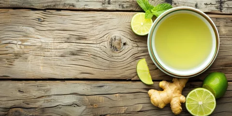 Selbstklebende Fototapeten ginger tea with lemon on wooden copy space background © David Kreuzberg